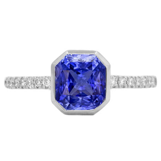 Round Diamond Ceylon Sapphire Ring Bezel Set 4 Carats Pave Set Accents