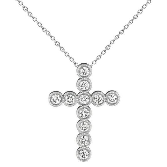 Round Diamond Cross Pendant Milgrain Necklace 4 Carat WG 14K