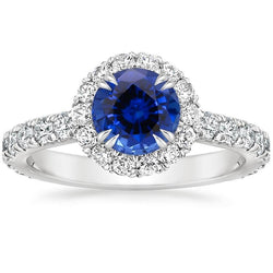 Round Natural Earth Mined Diamond Engagement Ring Halo Ceylon Sapphire Jewellery 3.50 Carats