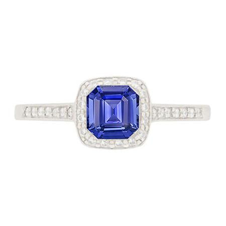 Round Diamond Halo Asscher Blue Sapphire Engagement Ring 1.75 Carats