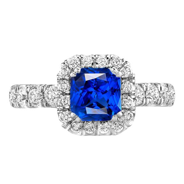 Round Diamond Halo Radiant Blue Sapphire 4 Carats White Gold 14K