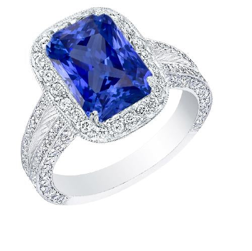 Round Diamond Halo Radiant Sapphire Ring Split Milgrain Shank 5 Carats