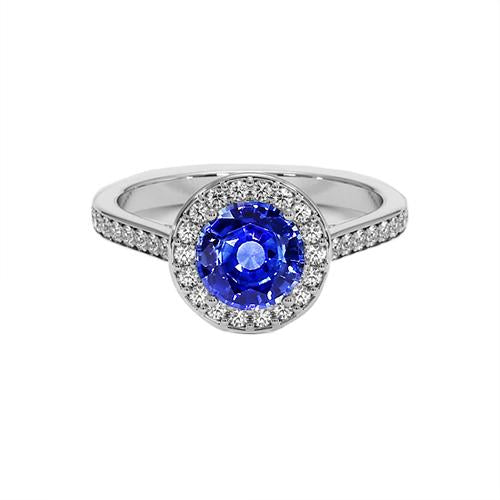 Round Diamond Halo Ring Ceylon Sapphire 4 Carats White Gold Accents