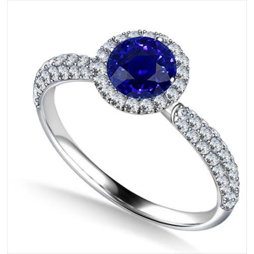 Round Diamond Halo Ring Ceylon Sapphire Double Pave Accents 3 Carats