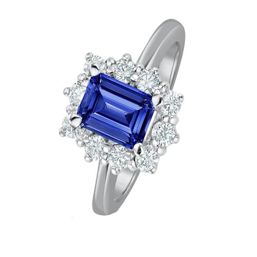 Round Diamond Halo Ring Flower Style Emerald Blue Sapphire 4.50 Carats