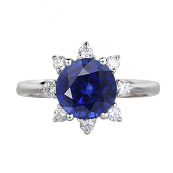 Round Diamond Halo Star Style Blue Sapphire Ring 3 Carats White Gold