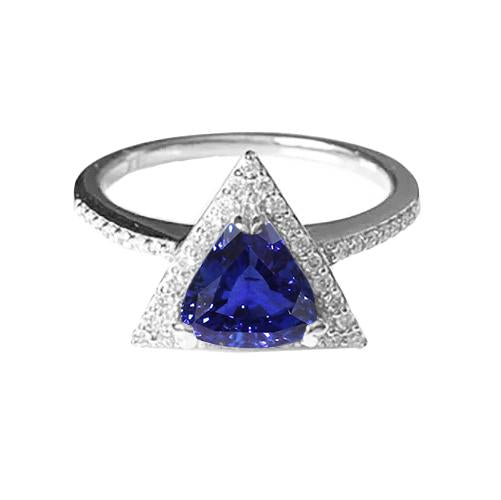 Round Diamond Halo Trillion Sapphire Ring 1.50 Carats Ladies Jewelry