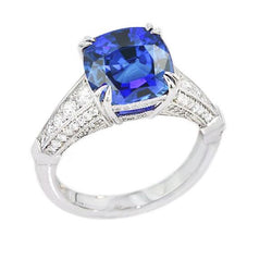 Round Natural Earth Mined Diamond Jewellery Cushion Ceylon Sapphire 3.50 Carats Gold