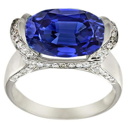 Round Natural Earth Mined Diamond & Oval Cut Blue Sapphire Ring Bar Setting 4.50 Carats