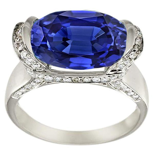 Round Diamond & Oval Cut Blue Sapphire Ring Bar Setting 4.50 Carats