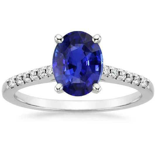 Round Diamond Pave Set Ring Oval Cut Sri Lankan Sapphire 5 Carats