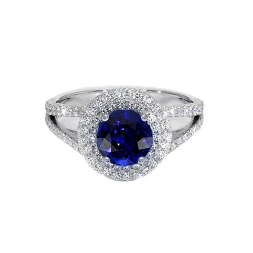 Round Diamond Ring Halo Blue Sapphire 3.50 Carats New Gemstone Gold