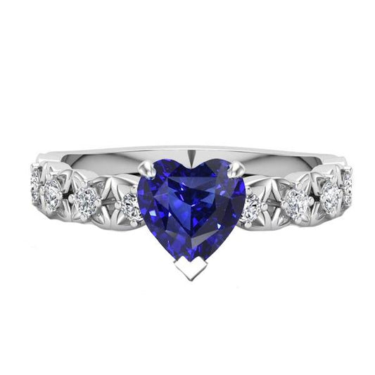 Round Diamond Ring Heart Cut Sri Lankan Sapphire 2 Carats With Accents