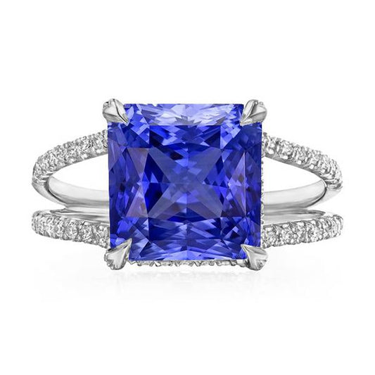 Round Diamond Srilankan Sapphire Ring Split Shank 5 Carats Womens Gold