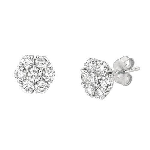 Round Diamond Stud Earring Flower Style 1.50 Carat White Gold 14K