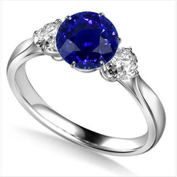 Round Natural Earth Mined Diamond Three Stone Blue Sapphire Ring 2.25 Carats