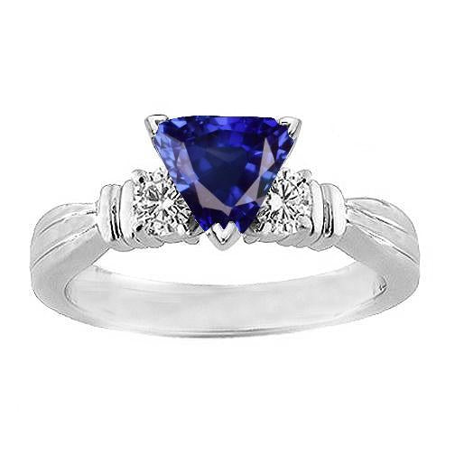 Round Diamond Three Stone Ring Trillion Ceylon Sapphire 1.75 Carats