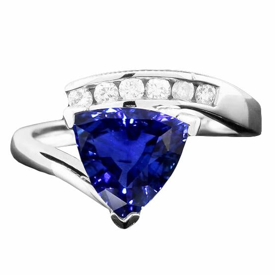 Round Diamond Trillion Blue Sapphire Ring Tension Channel Set 2 Carats