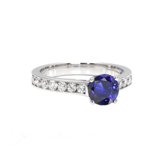 Round Engagement Ring Natural Sapphire 2 Carats Channel Set Diamonds