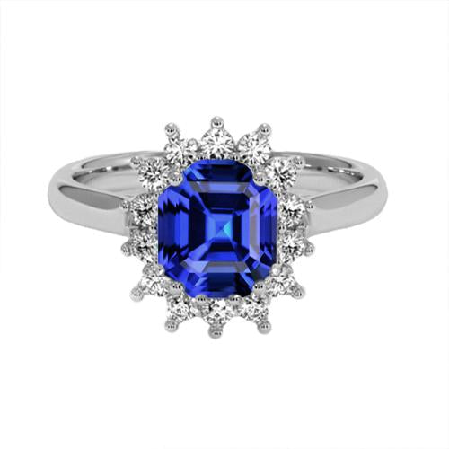 Round Halo Diamond Asscher Cut Blue Sapphire 6.50 Carats Ring Gold 14K