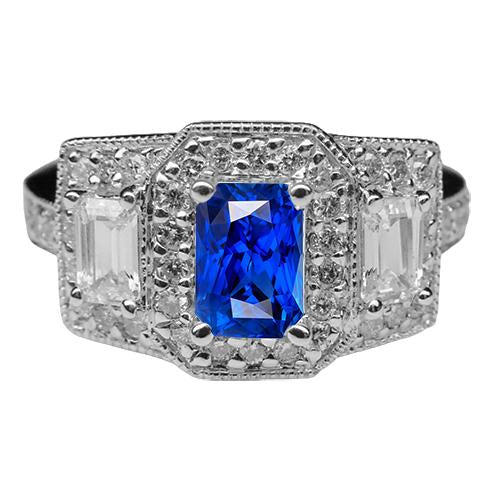 Round Halo Diamond Emerald Ring Blue Sapphire Antique Style 3 Carats