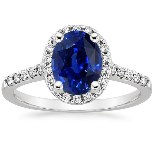 Round Halo Diamond Engagement Ring Oval Ceylon Sapphire 6 Carats Gold