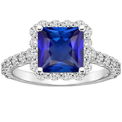 Round Halo Diamonds & Princess Sri Lankan Sapphire Ring 4.50 Carats