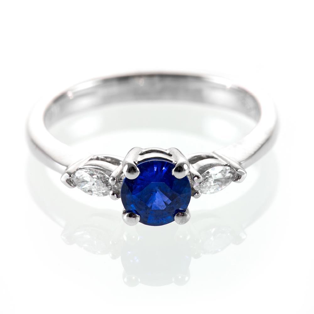 Round & Marquise Ceylon Blue Sapphire Diamonds Ring White Gold 2.50 Ct