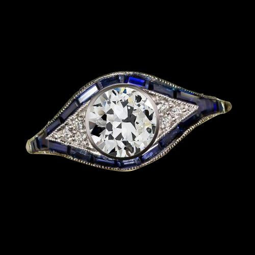 Round Old Cut Diamond Bezel Set Ring & Baguette Sapphire 3 Carats