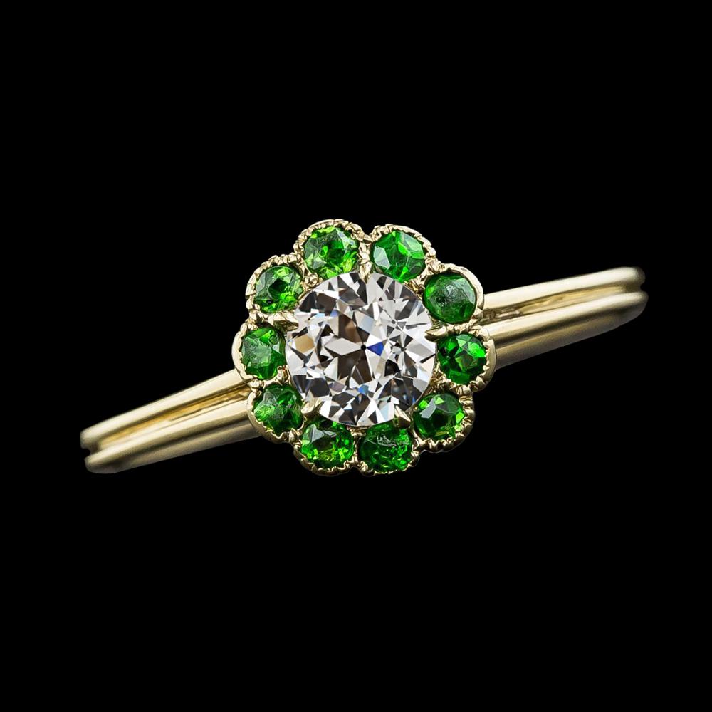 Round Old Cut Diamond & Green Sapphire Halo Ring 2.50 Carats 14K Gold