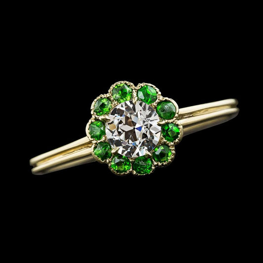 Round Old Cut Diamond & Green Sapphire Halo Ring 2.50 Carats 14K Gold