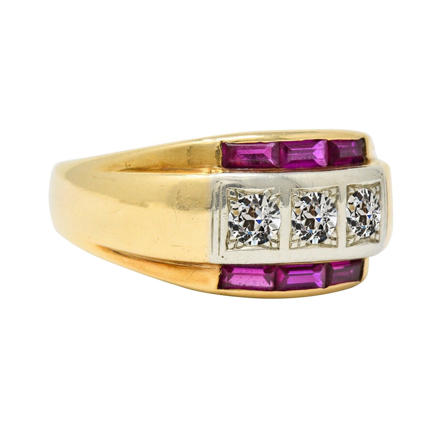 Round Old Cut Diamond Ring With Baguette Pink Sapphires 4.25 Carats