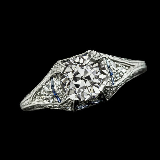 Round Old Mine Cut Diamond & Baguette Blue Sapphire Ring 2.50 Carats