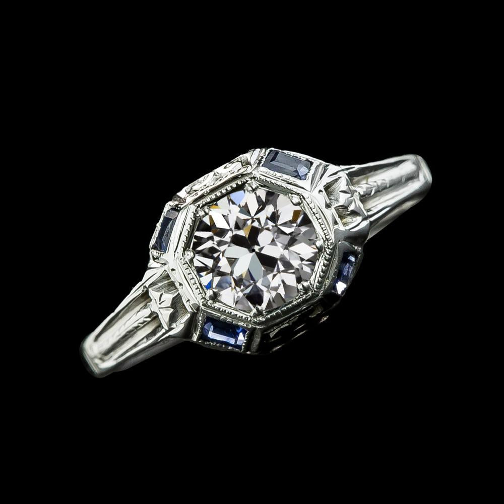 Round Old Mine Cut Diamond Baguette Ceylon Sapphire Ring 2.75 Carats