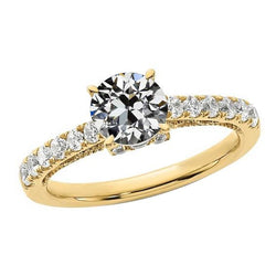 Round Old Mine Cut Diamond Ring Fishtail Set Jewelry 3 Carats Yellow Gold