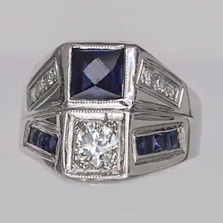 Round Old Mine Cut Natural Earth Mined Diamond Ring & Princess Blue Sapphire 3.75 Carats