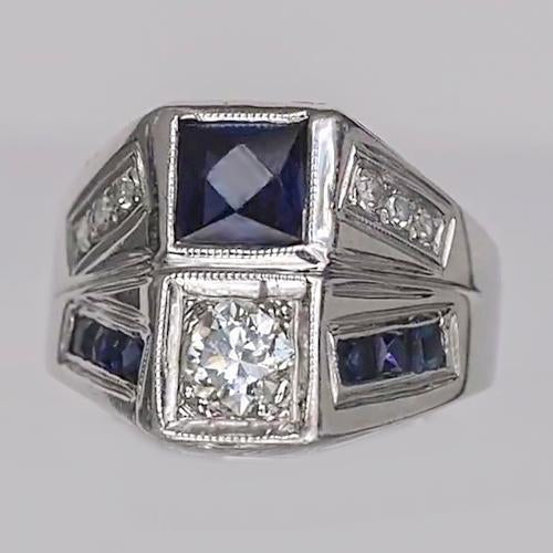Round Old Mine Cut Diamond Ring & Princess Blue Sapphire 3.75 Carats