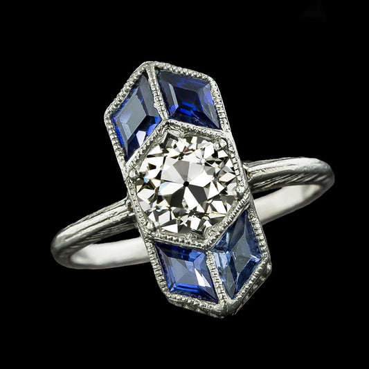 Round Old Miner Diamond Ring & Baguette Blue Sapphires 3.50 Carats