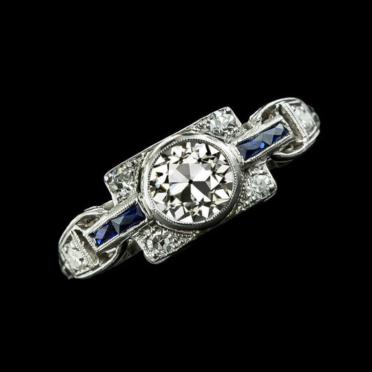 Round Old Miner Diamond Ring Bezel Set Baguette Sapphires 2.75 Carats