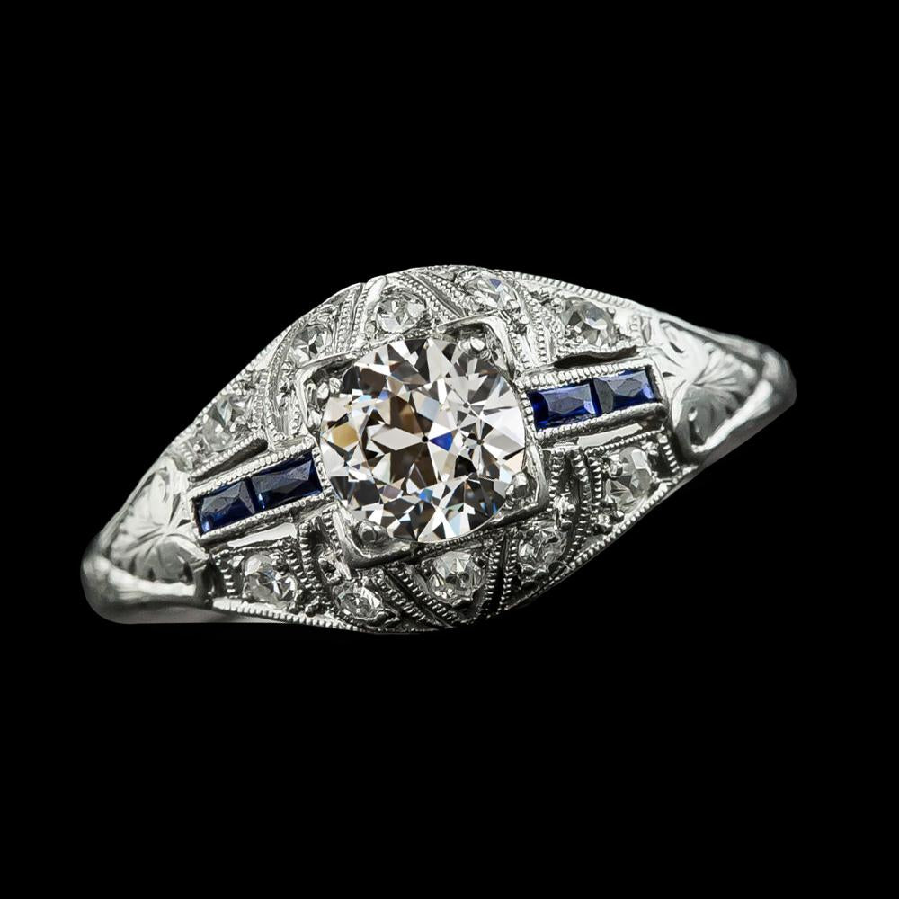 Round Old Miner Diamond Sapphire Ring Milgrain Shank 2.50 Carats