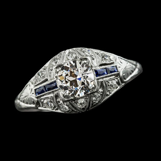 Round Old Miner Diamond Sapphire Ring Milgrain Shank 2.50 Carats