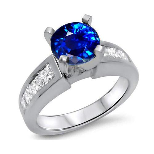 Round & Princess Cut Ceylon Sapphire Diamond Ring 3.20 Carat WG 14K