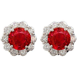 Round Red Ruby Halo Diamond Stud Women Earrings 3.50 Carats New