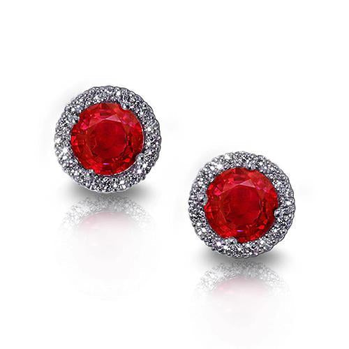 Round Red Ruby With Halo Diamond 7 Ct. Lady Stud Earrings White Gold