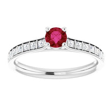 Round Ruby and Princess Diamond Ring 2 Carats White Gold 14K