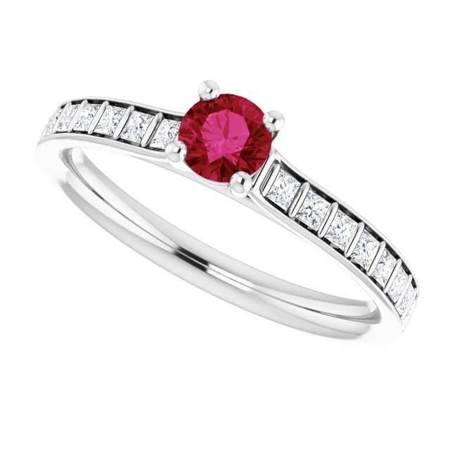 Round Ruby and Princess Diamond Ring 2 Carats White Gold 14K