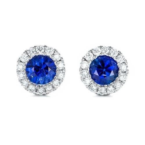 Round Sapphire & Diamond 6.80 Carats Stud Earring White Gold 14K