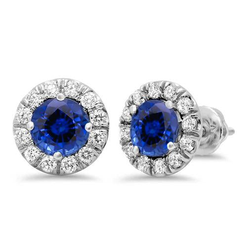 Round Sapphire & Diamond Halo Stud Earring 3 Carat White Gold 14K