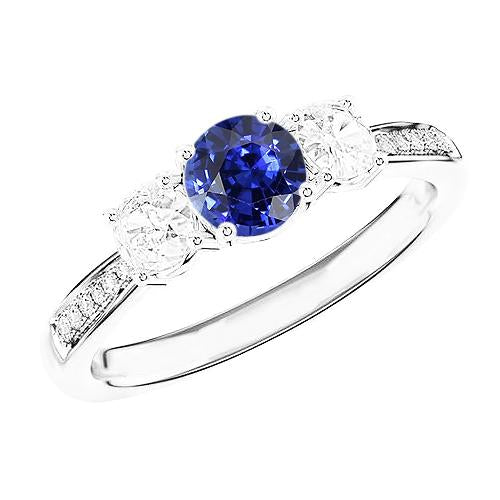 Round Sapphire & Diamond Ring White Gold 2.50 Carats 3 Stone Style