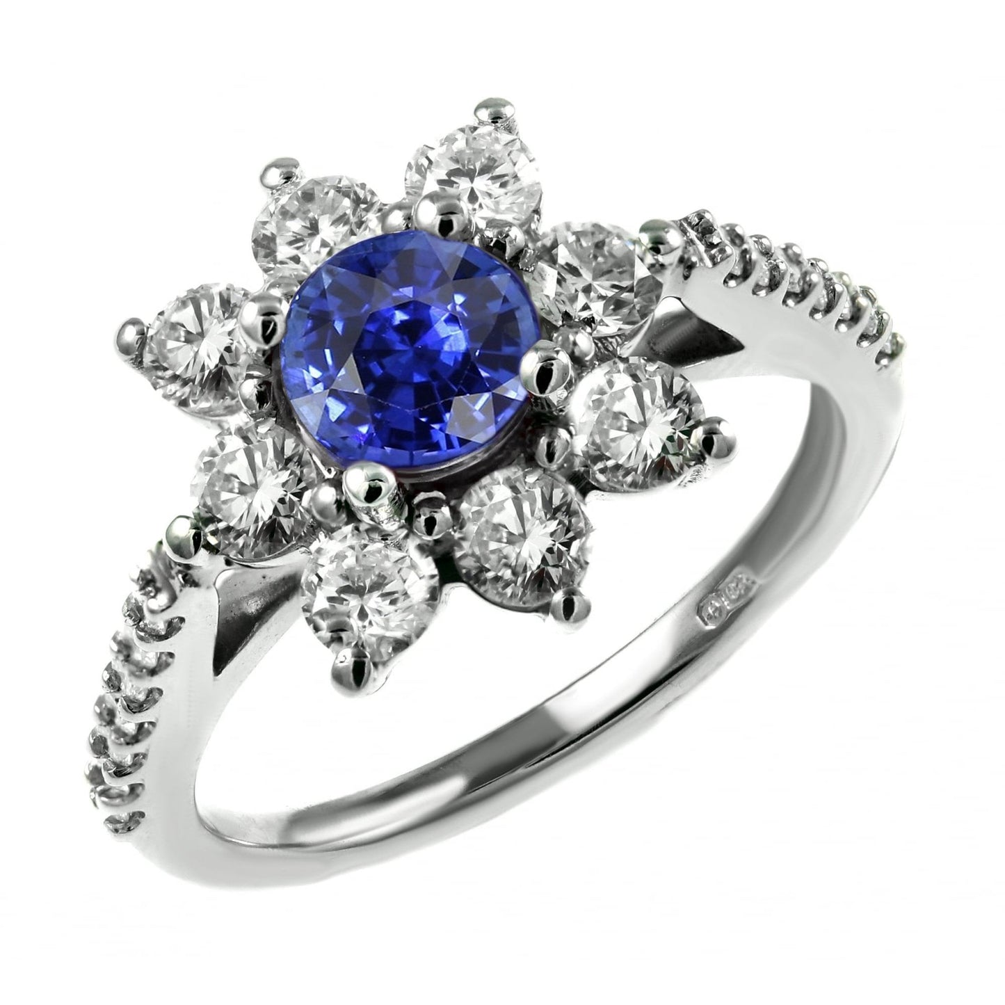 Round Sapphire Gemstone Ring Halo Blooming Flower Style 3.50 Carats